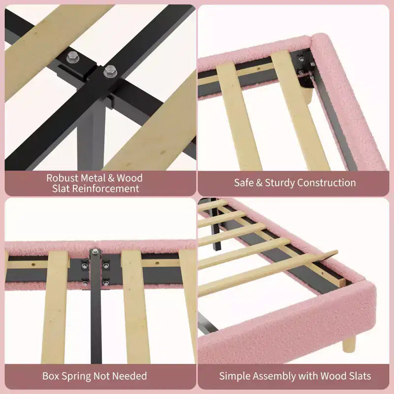 Senfot Twin/Full Bed Frame with Round Pink&White Boucle Headboard - Upholstered Arch Design, Wood Slat Support, No Box Spring Needed, Easy Setup