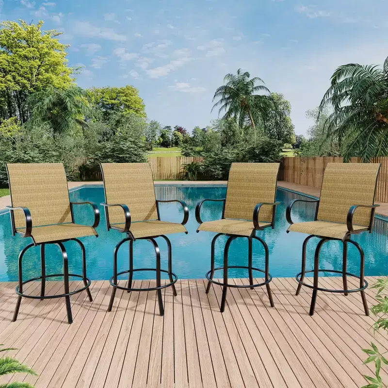 Set di 2 sgabelli da bar da esterno girevoli a 360°, sedie alte da esterno con braccioli, telaio in metallo resistente alle intemperie per patio, prato, giardino