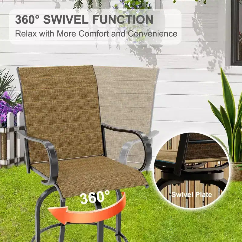 Set di 2 sgabelli da bar da esterno girevoli a 360°, sedie alte da esterno con braccioli, telaio in metallo resistente alle intemperie per patio, prato, giardino