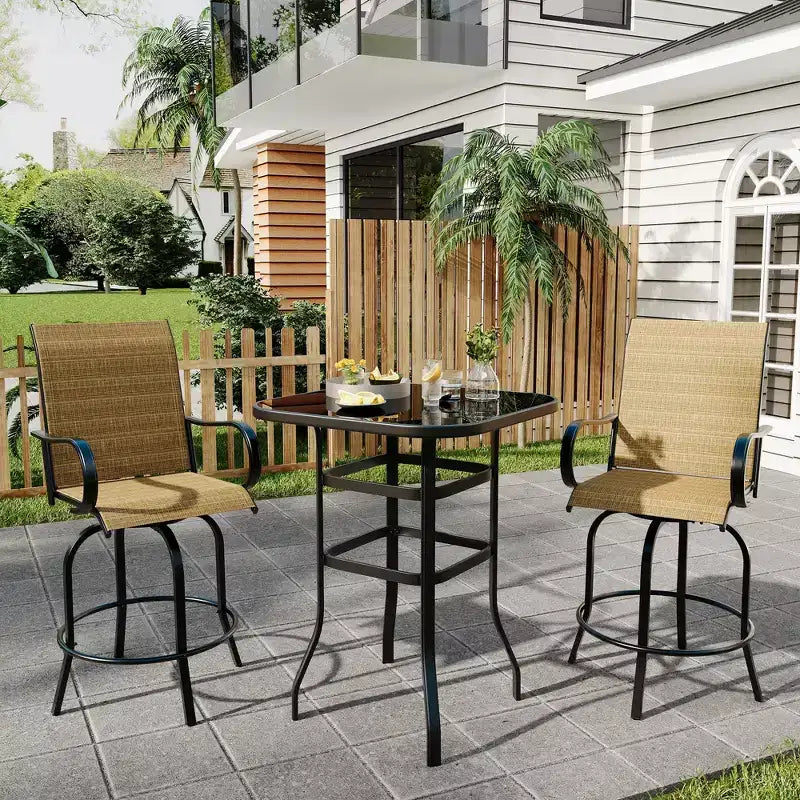 Set di 2 sgabelli da bar da esterno girevoli a 360°, sedie alte da esterno con braccioli, telaio in metallo resistente alle intemperie per patio, prato, giardino