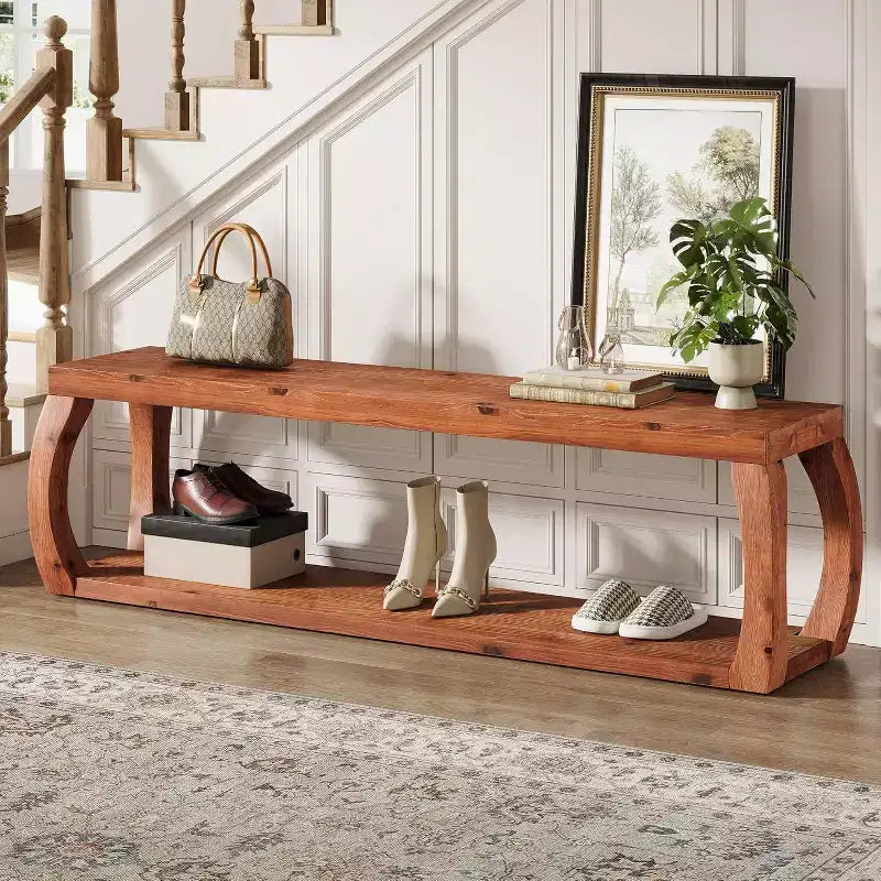 Lantine 59-Inch 2-Tier Solid Wood Entryway Bench, Farmhouse Shoe Storage Bench for Bedroom, Kitchen, Hallway, Rustic Brown