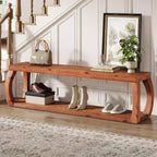 Lantine 59-Inch 2-Tier Solid Wood Entryway Bench, Farmhouse Shoe Storage Bench for Bedroom, Kitchen, Hallway, Rustic Brown
