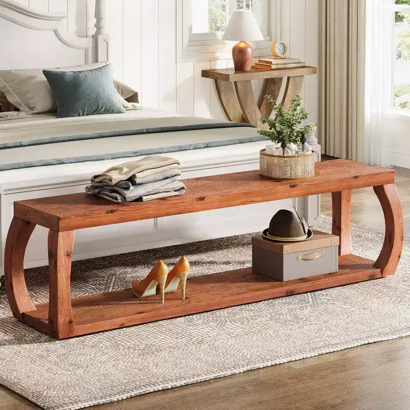 Lantine 59-Inch 2-Tier Solid Wood Entryway Bench, Farmhouse Shoe Storage Bench for Bedroom, Kitchen, Hallway, Rustic Brown