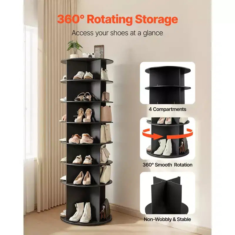 VEVOR Scarpiera Rotante a 7 Ripiani, Scarpiera Girevole a 360°, Espositore Rotante a Carosello, Organizer Autoportante Lazy Susan, Nero