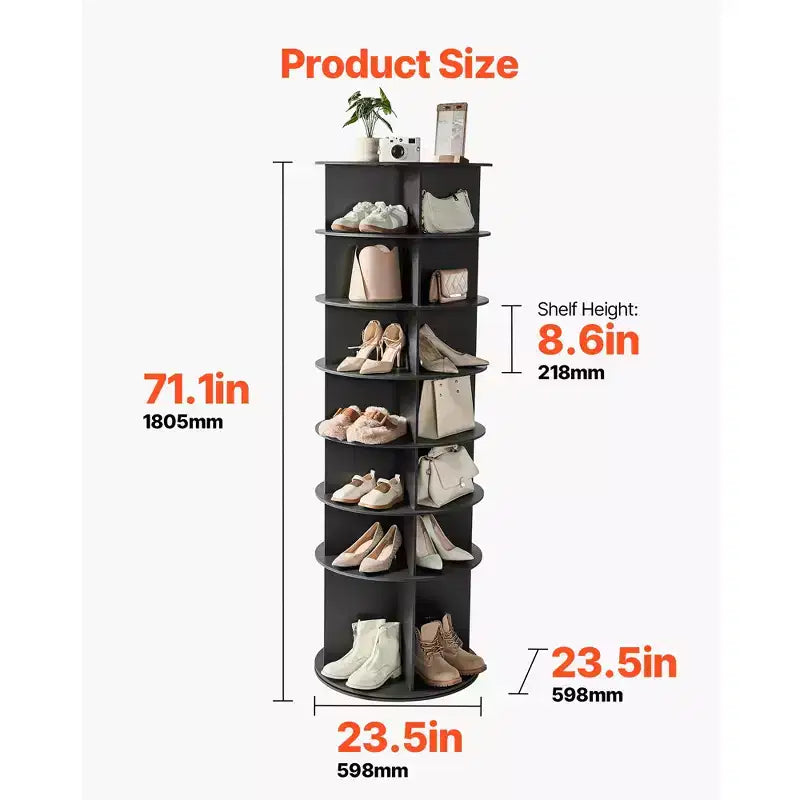 VEVOR Scarpiera Rotante a 7 Ripiani, Scarpiera Girevole a 360°, Espositore Rotante a Carosello, Organizer Autoportante Lazy Susan, Nero