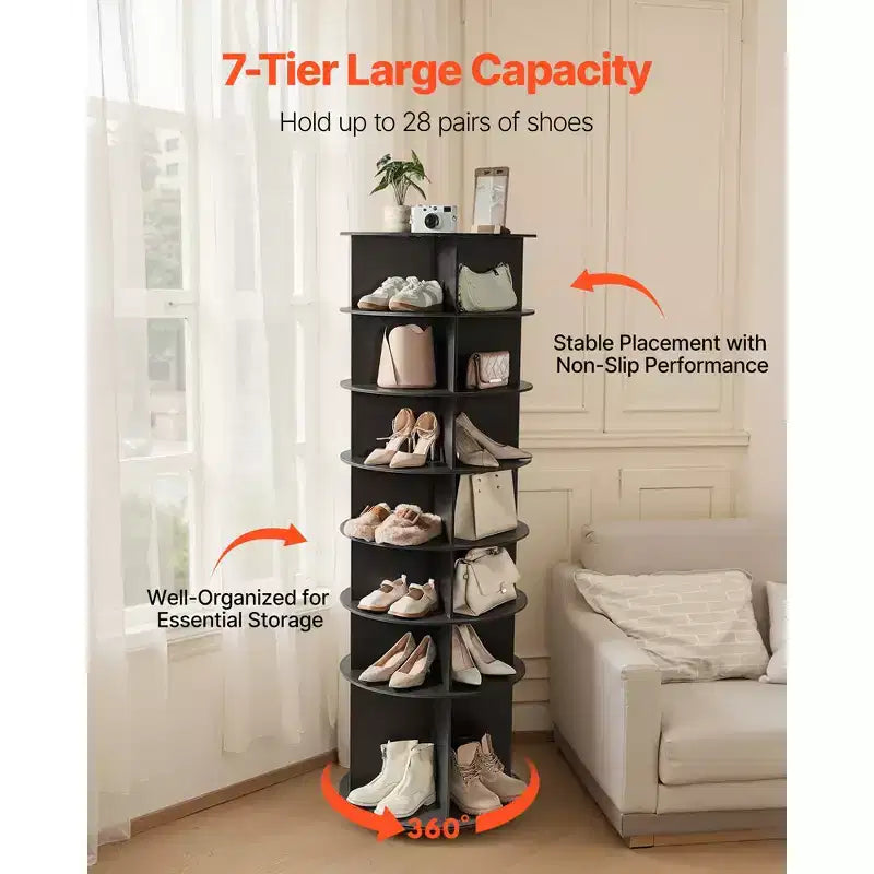 VEVOR Scarpiera Rotante a 7 Ripiani, Scarpiera Girevole a 360°, Espositore Rotante a Carosello, Organizer Autoportante Lazy Susan, Nero