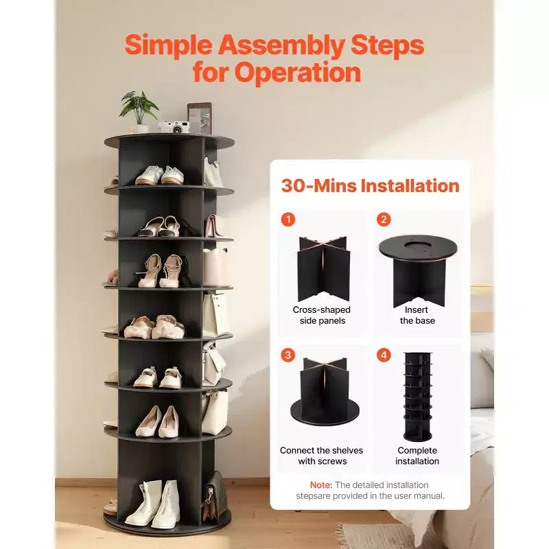 VEVOR Scarpiera Rotante a 7 Ripiani, Scarpiera Girevole a 360°, Espositore Rotante a Carosello, Organizer Autoportante Lazy Susan, Nero