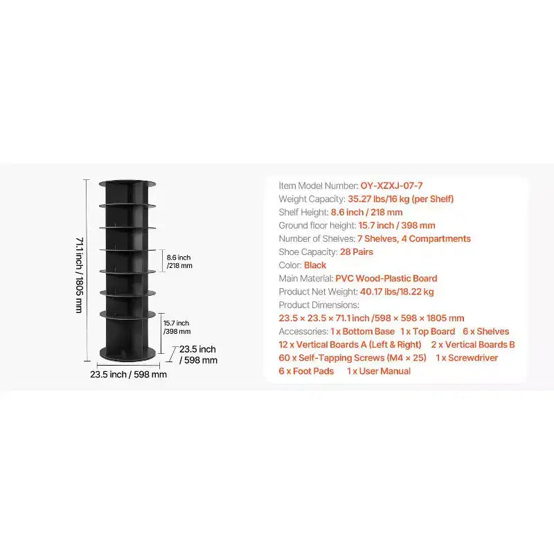 VEVOR Scarpiera Rotante a 7 Ripiani, Scarpiera Girevole a 360°, Espositore Rotante a Carosello, Organizer Autoportante Lazy Susan, Nero