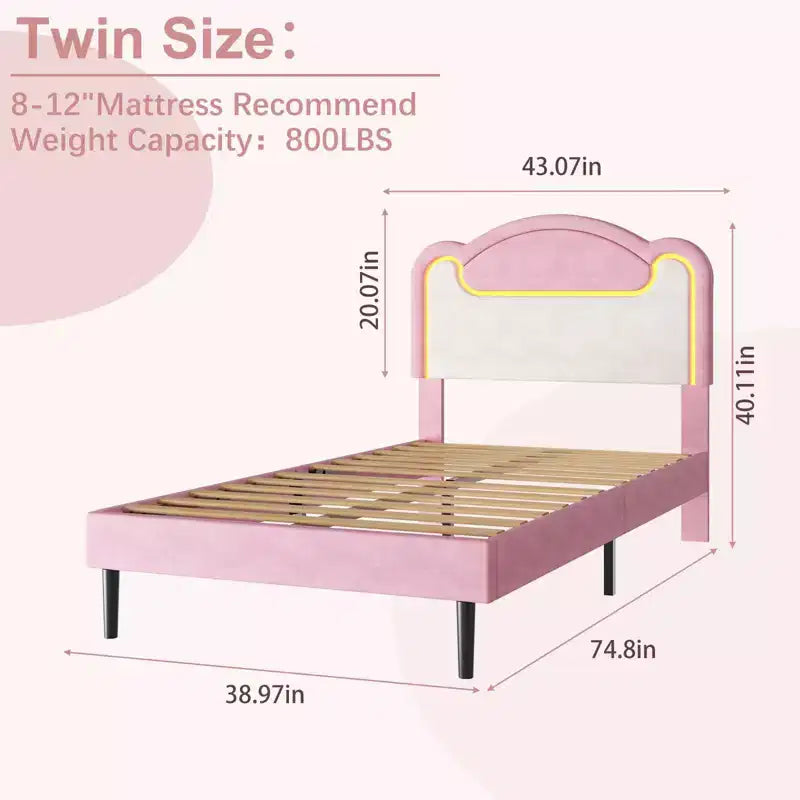 LED Light Upholstered Bed Frame, Twin Size Princess Platform Bed with Fabric Headboard and Wood Slats, No Box Spring Required in Pink and White