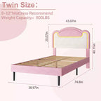 LED Light Upholstered Bed Frame, Twin Size Princess Platform Bed with Fabric Headboard and Wood Slats, No Box Spring Required in Pink and White