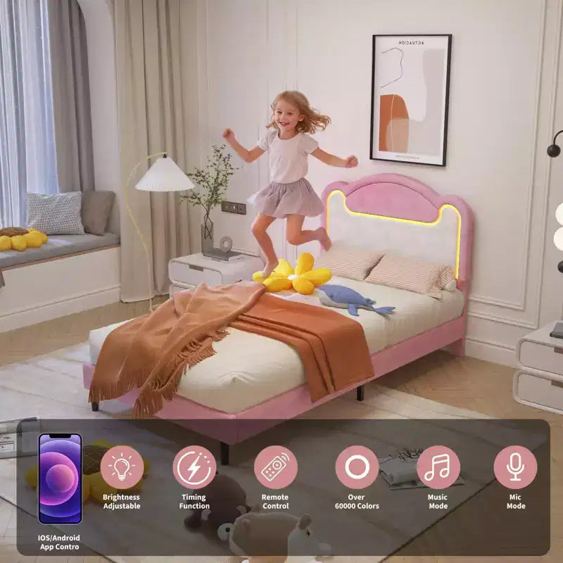 LED Light Upholstered Bed Frame, Twin Size Princess Platform Bed with Fabric Headboard and Wood Slats, No Box Spring Required in Pink and White