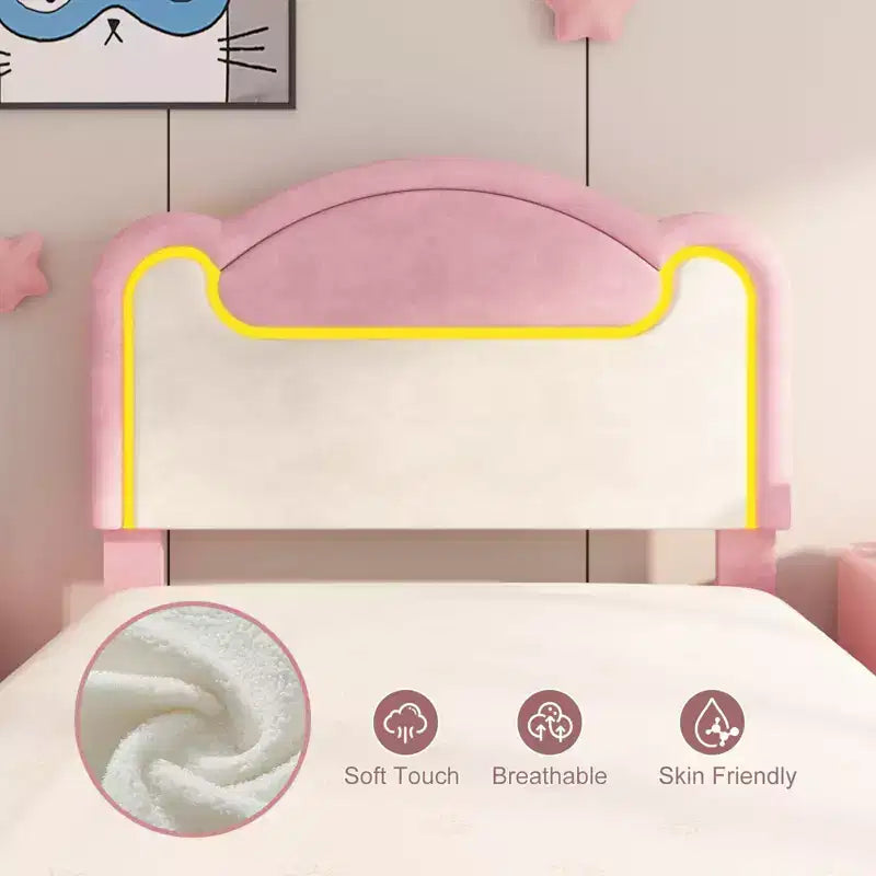 LED Light Upholstered Bed Frame, Twin Size Princess Platform Bed with Fabric Headboard and Wood Slats, No Box Spring Required in Pink and White