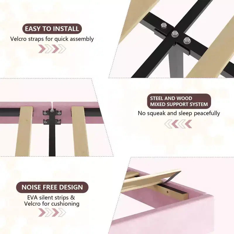 LED Light Upholstered Bed Frame, Twin Size Princess Platform Bed with Fabric Headboard and Wood Slats, No Box Spring Required in Pink and White