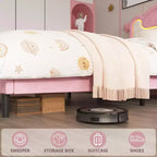 LED Light Upholstered Bed Frame, Twin Size Princess Platform Bed with Fabric Headboard and Wood Slats, No Box Spring Required in Pink and White