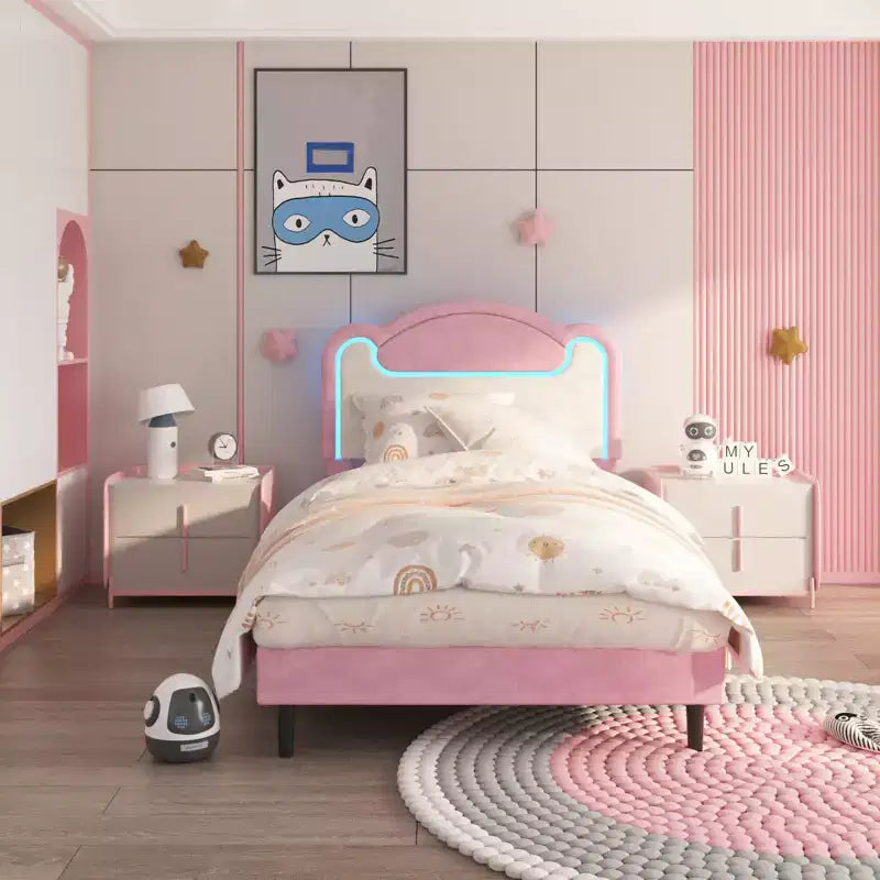 LED Light Upholstered Bed Frame, Twin Size Princess Platform Bed with Fabric Headboard and Wood Slats, No Box Spring Required in Pink and White