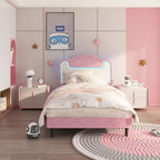 LED Light Upholstered Bed Frame, Twin Size Princess Platform Bed with Fabric Headboard and Wood Slats, No Box Spring Required in Pink and White