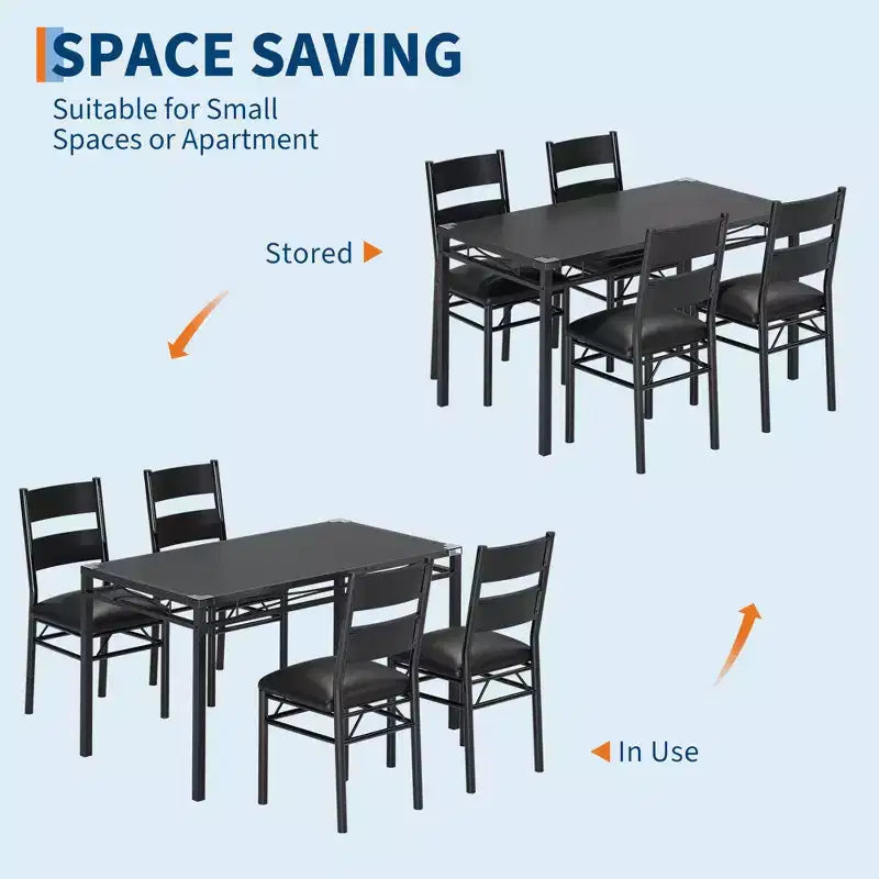 Set tavolo da pranzo in MDF nero e metallo Salvaspazio per piccoli ambienti, scegli 4 pezzi (1 tavolo + 4 sedie) o 2 pezzi (1 tavolo + 2 sedie)
