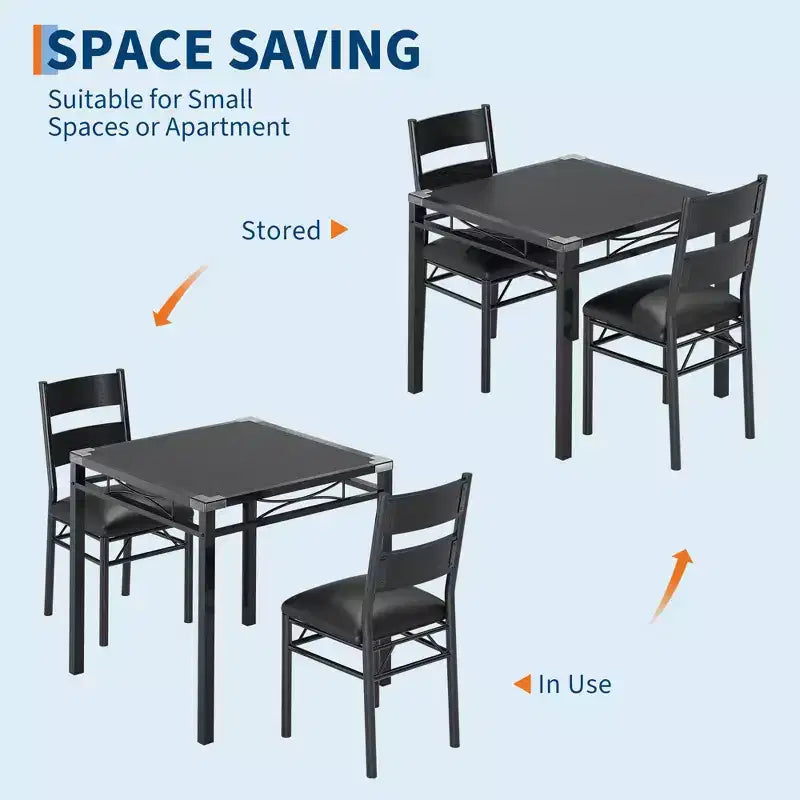 Set tavolo da pranzo in MDF nero e metallo Salvaspazio per piccoli ambienti, scegli 4 pezzi (1 tavolo + 4 sedie) o 2 pezzi (1 tavolo + 2 sedie)
