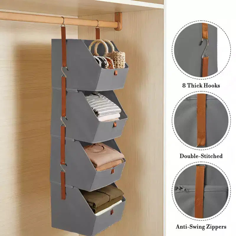 Organizzatore pensile a 4 ripiani per armadio, in tessuto non tessuto, design modulare staccabile con ganci, per guardaroba, dormitorio, camper, organizer salvaspazio per la casa