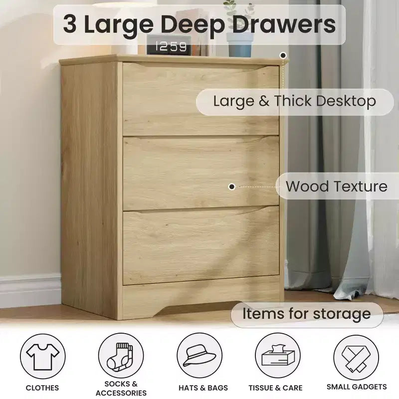 Comò in legno a 3 cassetti, armadio contenitore alto e moderno con cassetti profondi, cassettiera ampia per camera da letto, soggiorno, corridoio e camera dei bambini