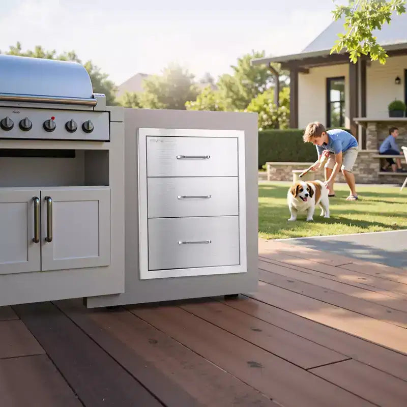 VEVOR Outdoor Kitchen Drawers 18.11 W x 23.23 D x 23.23 H, Triple-Access Stainless Steel Modular Drawer Cabinet with Handles, Silver