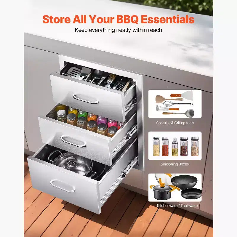 VEVOR Outdoor Kitchen Drawers 18.11 W x 23.23 D x 23.23 H, Triple-Access Stainless Steel Modular Drawer Cabinet with Handles, Silver