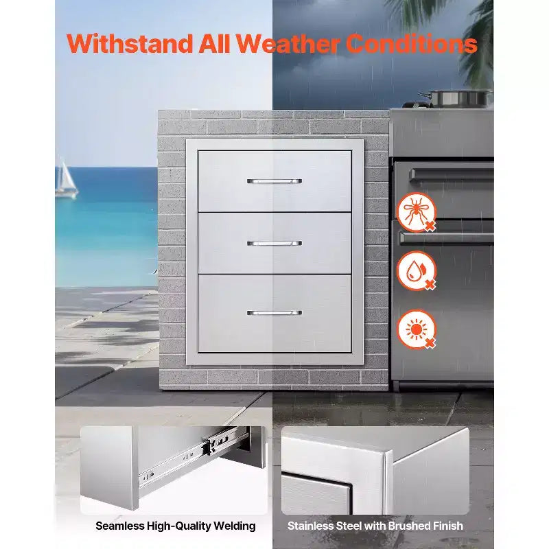 VEVOR Outdoor Kitchen Drawers 18.11 W x 23.23 D x 23.23 H, Triple-Access Stainless Steel Modular Drawer Cabinet with Handles, Silver