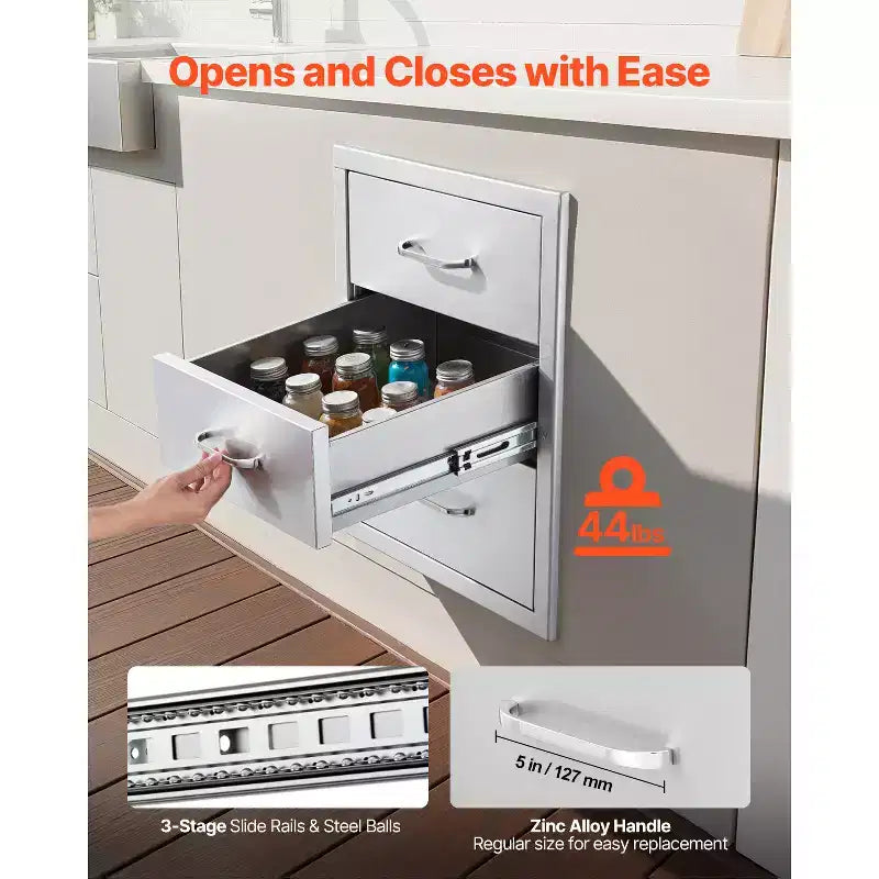 VEVOR Outdoor Kitchen Drawers 18.11 W x 23.23 D x 23.23 H, Triple-Access Stainless Steel Modular Drawer Cabinet with Handles, Silver