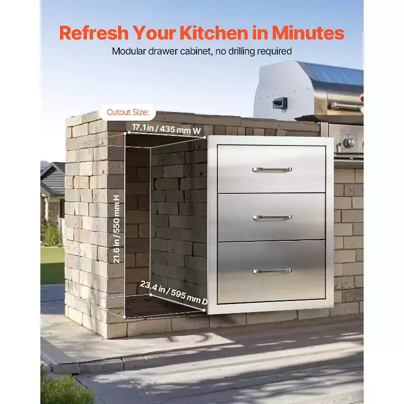 VEVOR Outdoor Kitchen Drawers 18.11 W x 23.23 D x 23.23 H, Triple-Access Stainless Steel Modular Drawer Cabinet with Handles, Silver