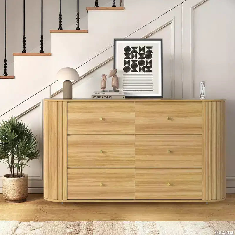 COZONY 6-Drawer Wooden Dresser with Curved Edges, Oak Finish Chest, Mid-Century Modern Storage