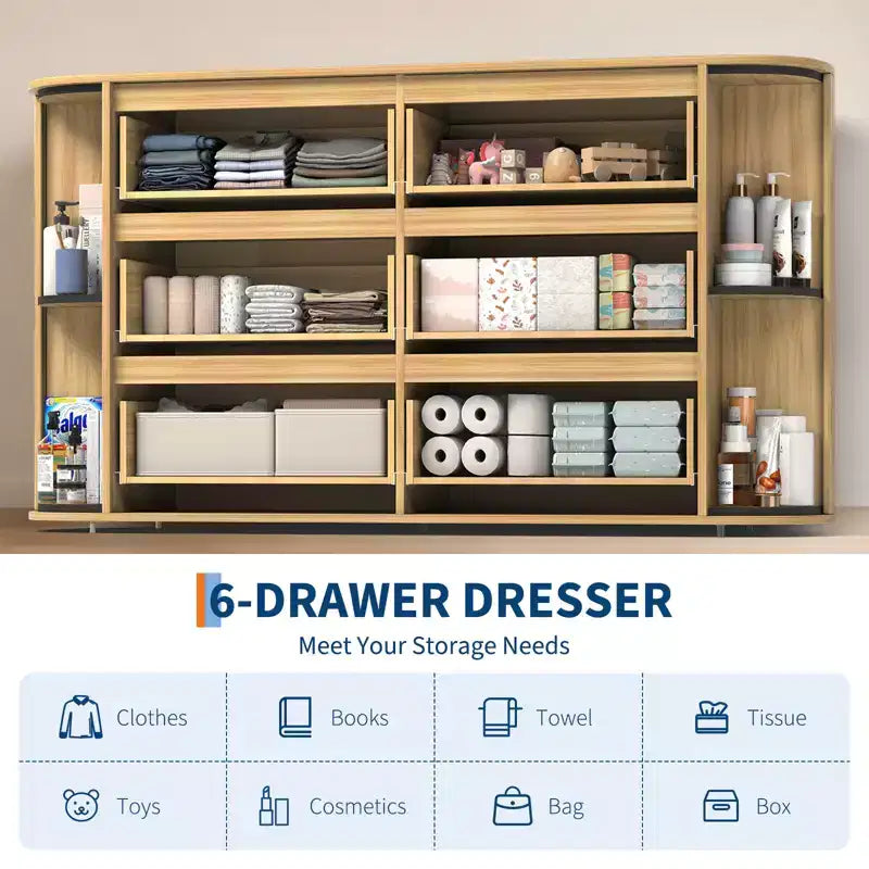 COZONY 6-Drawer Wooden Dresser with Curved Edges, Oak Finish Chest, Mid-Century Modern Storage