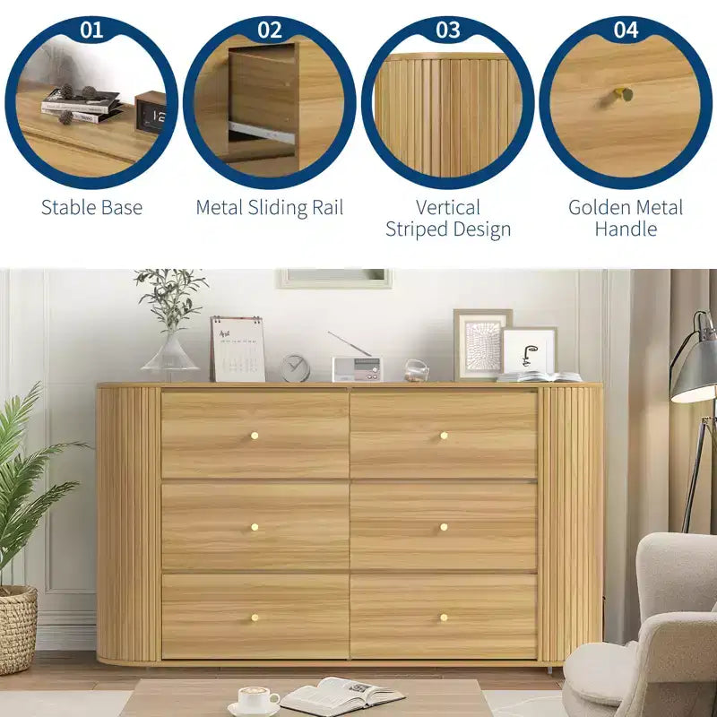 COZONY 6-Drawer Wooden Dresser with Curved Edges, Oak Finish Chest, Mid-Century Modern Storage