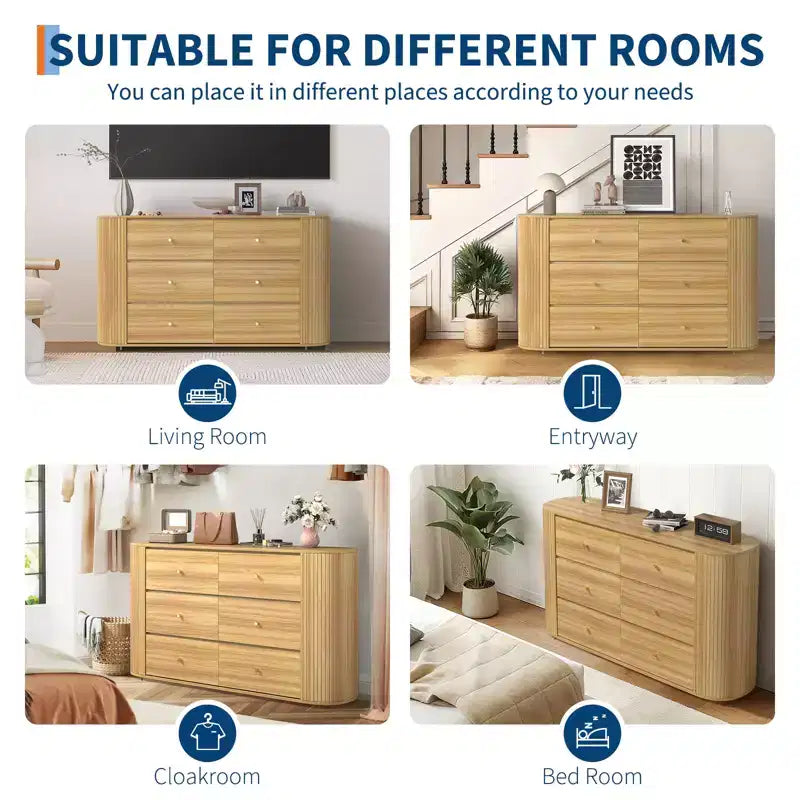 COZONY 6-Drawer Wooden Dresser with Curved Edges, Oak Finish Chest, Mid-Century Modern Storage