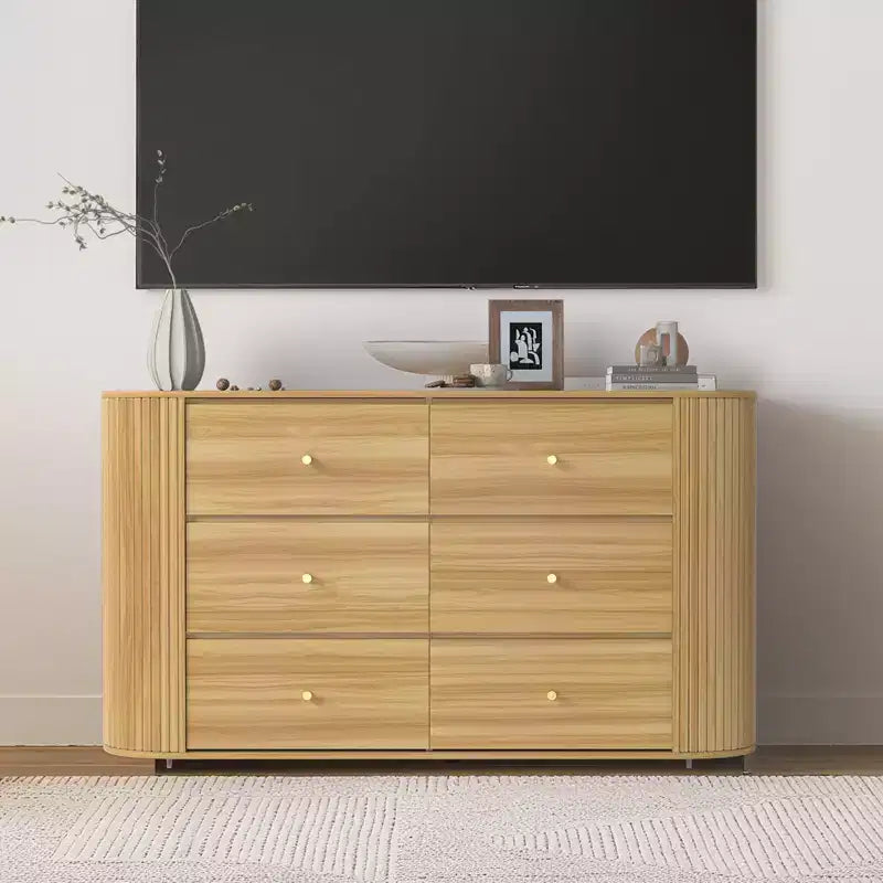 COZONY 6-Drawer Wooden Dresser with Curved Edges, Oak Finish Chest, Mid-Century Modern Storage