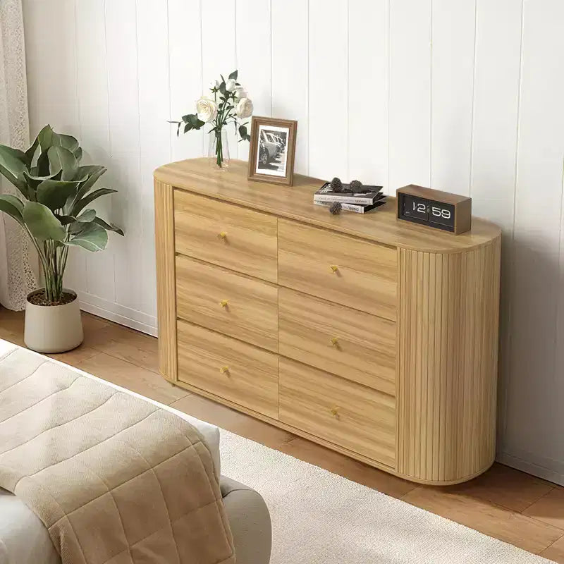 COZONY 6-Drawer Wooden Dresser with Curved Edges, Oak Finish Chest, Mid-Century Modern Storage