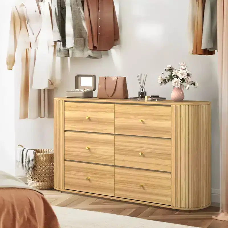 COZONY 6-Drawer Wooden Dresser with Curved Edges, Oak Finish Chest, Mid-Century Modern Storage