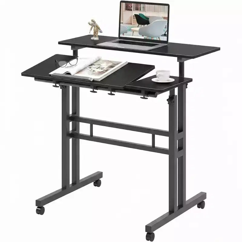 COZONY Scrivania Regolabile in Altezza con Ruote, Tavolo Laptop Mobile Sit-Stand con Piano Inclinabile