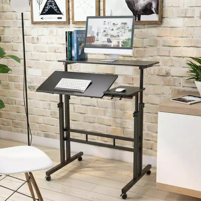 COZONY Scrivania Regolabile in Altezza con Ruote, Tavolo Laptop Mobile Sit-Stand con Piano Inclinabile