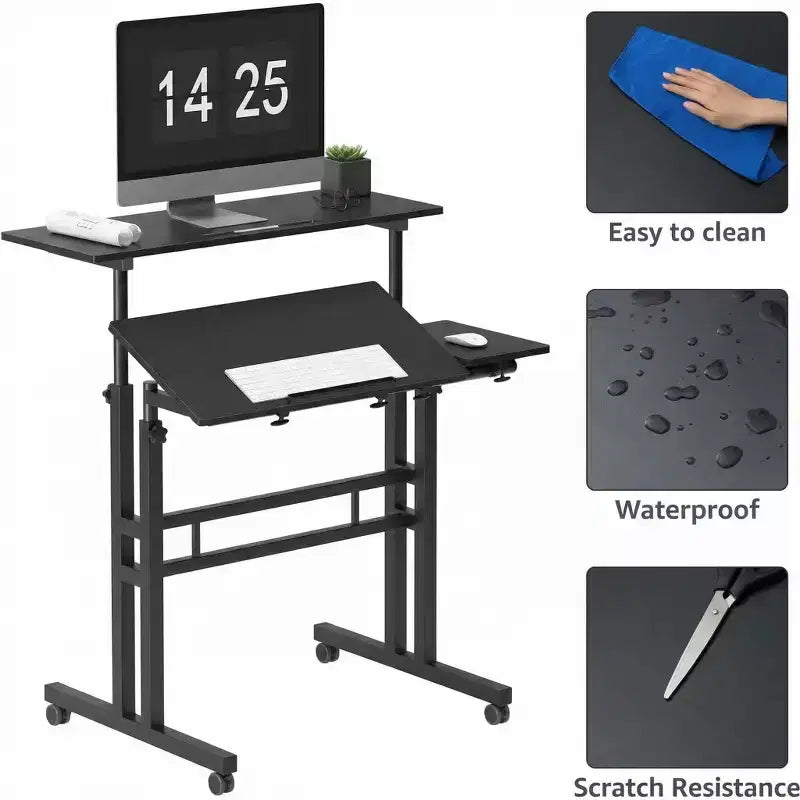 COZONY Scrivania Regolabile in Altezza con Ruote, Tavolo Laptop Mobile Sit-Stand con Piano Inclinabile