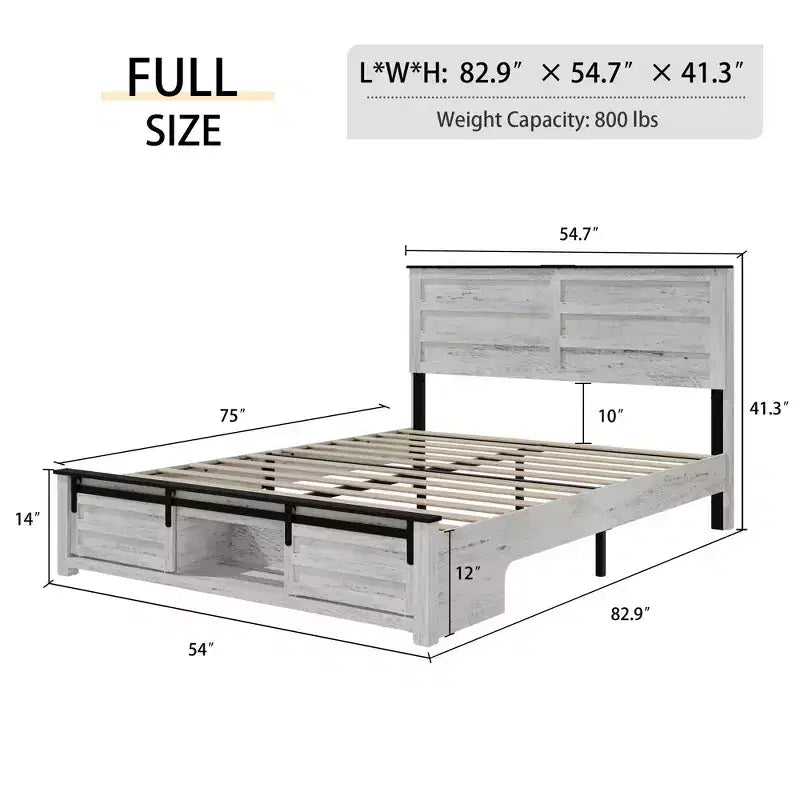 Full/Queen Size Platform Bed with Upholstered Storage Headboard, Wood Platform Bed Frame with Charging Station and LED Lights