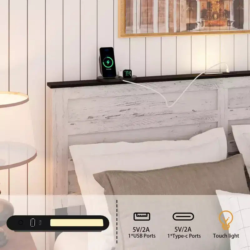 Full/Queen Size Platform Bed with Upholstered Storage Headboard, Wood Platform Bed Frame with Charging Station and LED Lights