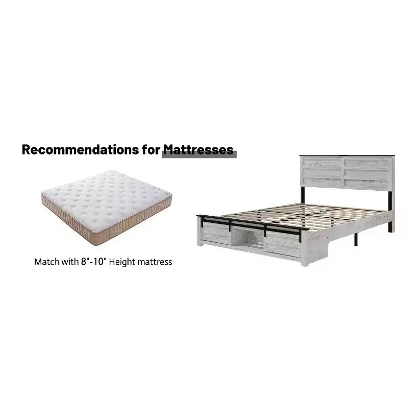 Full/Queen Size Platform Bed with Upholstered Storage Headboard, Wood Platform Bed Frame with Charging Station and LED Lights