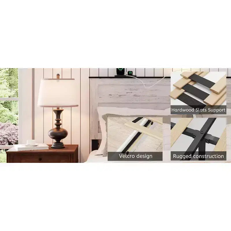 Full/Queen Size Platform Bed with Upholstered Storage Headboard, Wood Platform Bed Frame with Charging Station and LED Lights
