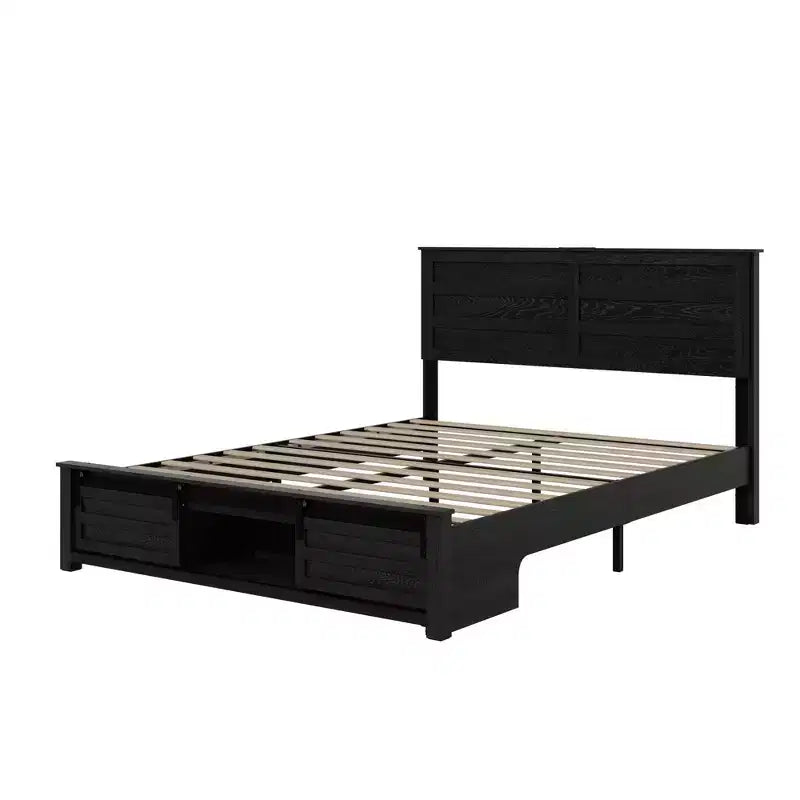 Full/Queen Size Platform Bed with Upholstered Storage Headboard, Wood Platform Bed Frame with Charging Station and LED Lights