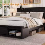 Full/Queen Size Platform Bed with Upholstered Storage Headboard, Wood Platform Bed Frame with Charging Station and LED Lights