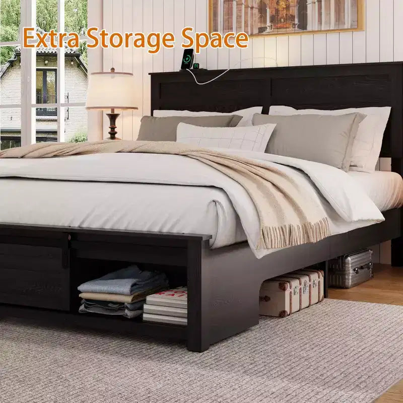 Full/Queen Size Platform Bed with Upholstered Storage Headboard, Wood Platform Bed Frame with Charging Station and LED Lights