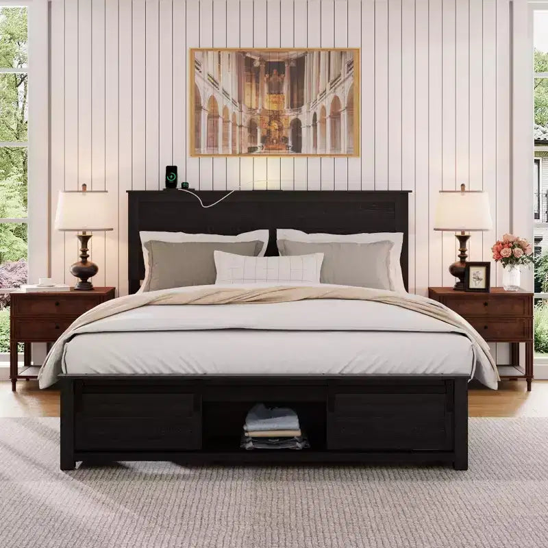 Full/Queen Size Platform Bed with Upholstered Storage Headboard, Wood Platform Bed Frame with Charging Station and LED Lights