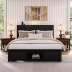 Full/Queen Size Platform Bed with Upholstered Storage Headboard, Wood Platform Bed Frame with Charging Station and LED Lights