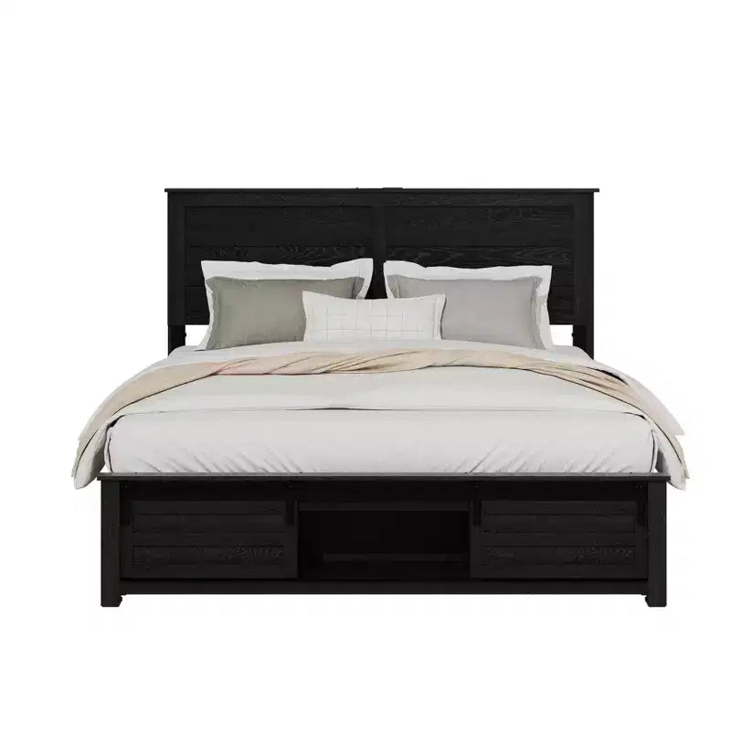 Full/Queen Size Platform Bed with Upholstered Storage Headboard, Wood Platform Bed Frame with Charging Station and LED Lights