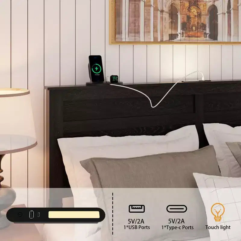 Full/Queen Size Platform Bed with Upholstered Storage Headboard, Wood Platform Bed Frame with Charging Station and LED Lights